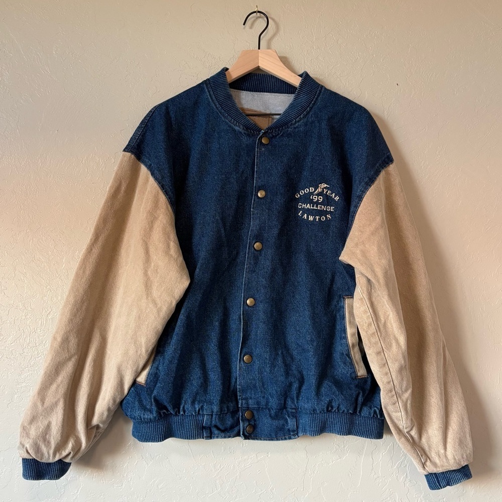 Vintage Denim Varsity Jacket | Good Year ’99 Challenge Lawton | Made in USA | L